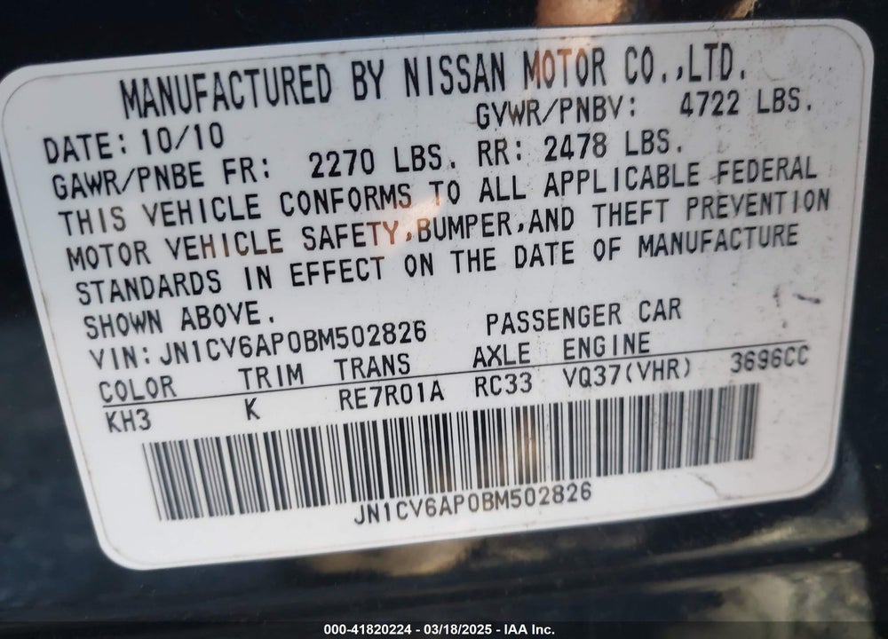 2011 INFINITI G37 JOURNEY VIN: JN1CV6AP0BM502826