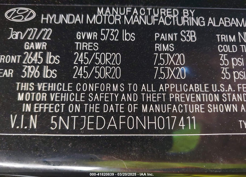 2022 HYUNDAI SANTA CRUZ LIMITED VIN: 5NTJEDAF0NH017411