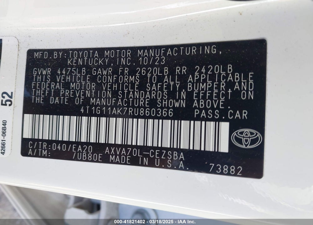2024 TOYOTA CAMRY VIN: 4T1G11AK7RU860366