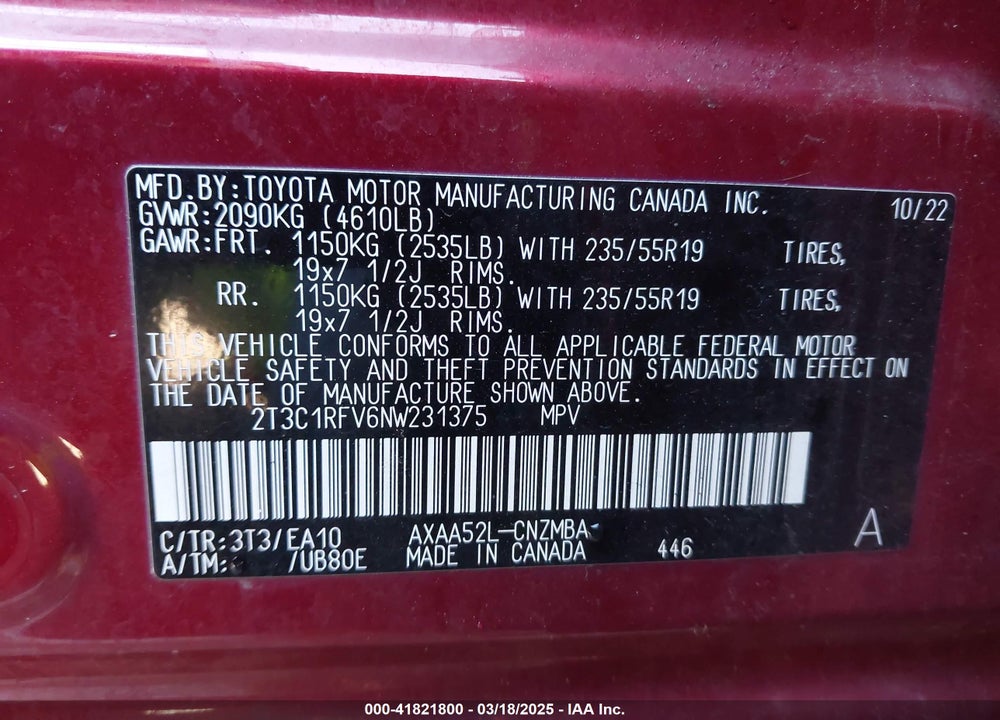 2022 TOYOTA RAV4 VIN: 2T3C1RFV6NW231375