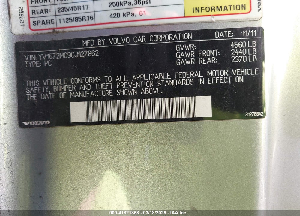 2012 VOLVO C70 VIN: YV1672MC9CJ127862