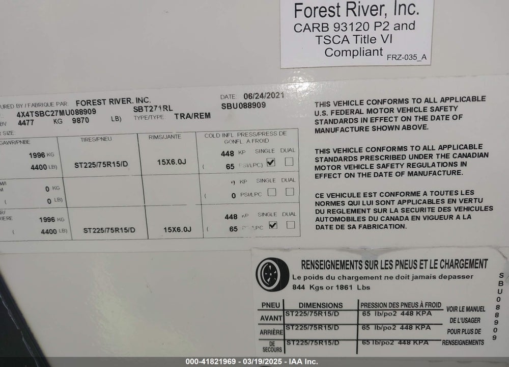 2021 FORREST RIVER SALEM HEMISPHERE VIN: 4X4TSBC27MU088909