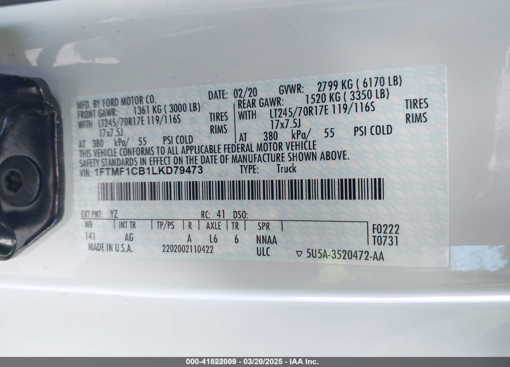 2020 FORD F-150 VIN: 1FTMF1CB1LKD79473