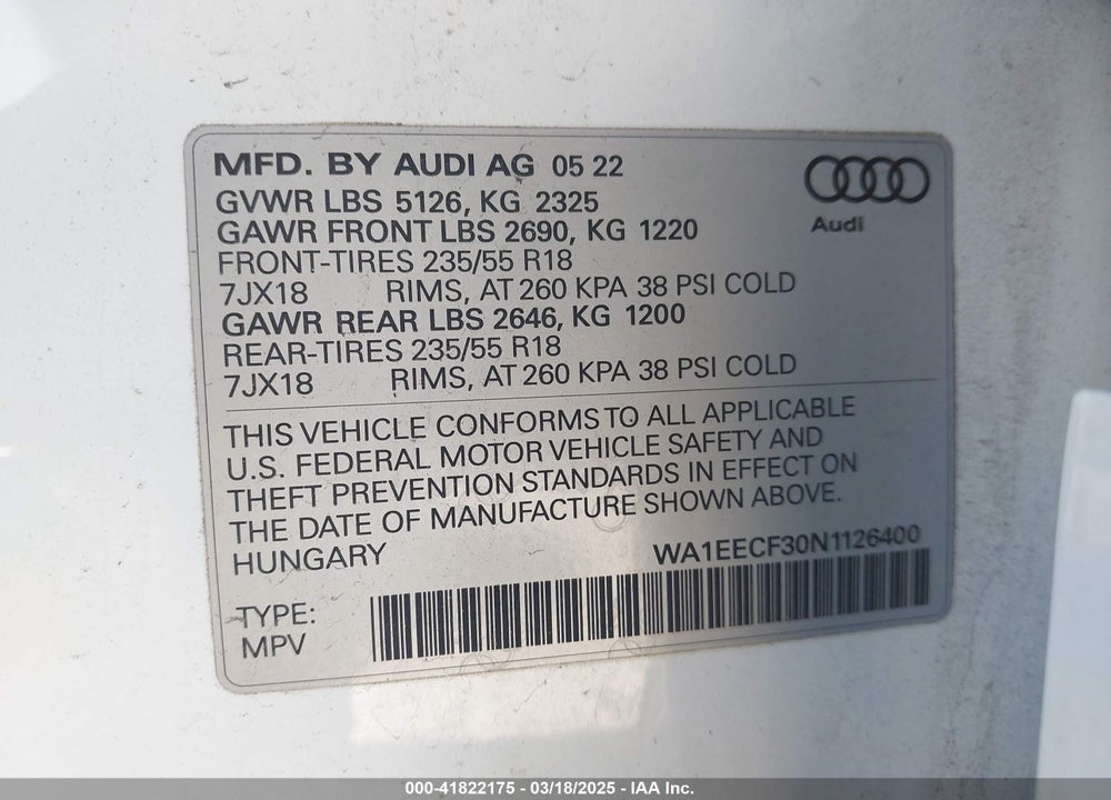 2022 AUDI Q3 PREMIUM PLUS 45 TFSI S LINE QUATTRO TIPTRONIC VIN: WA1EECF30N1126400