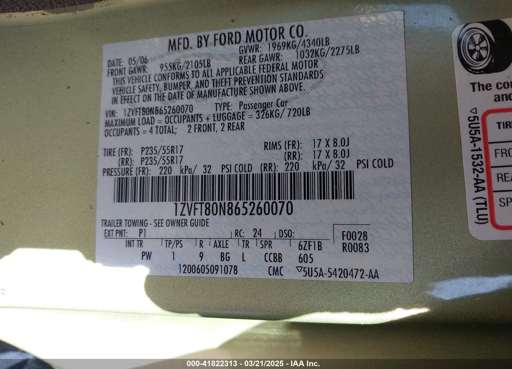 2006 FORD MUSTANG V6 VIN: 1ZVFT80N865260070