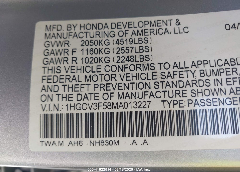 2021 HONDA ACCORD HYBRID EX-L VIN: 1HGCV3F58MA013227