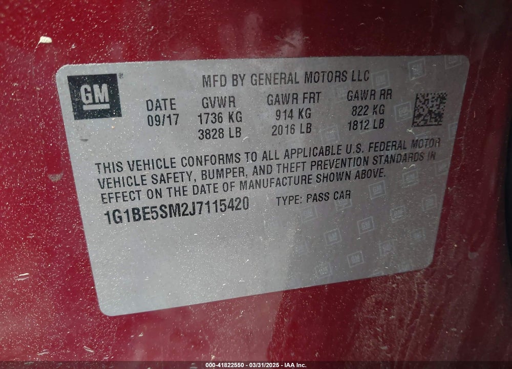 2018 CHEVROLET CRUZE LT AUTO VIN: 1G1BE5SM2J7115420