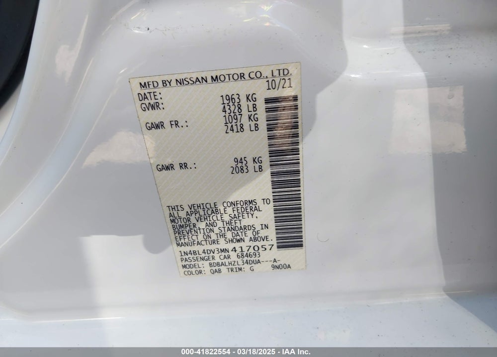 2021 NISSAN ALTIMA SV FWD VIN: 1N4BL4DV3MN417057