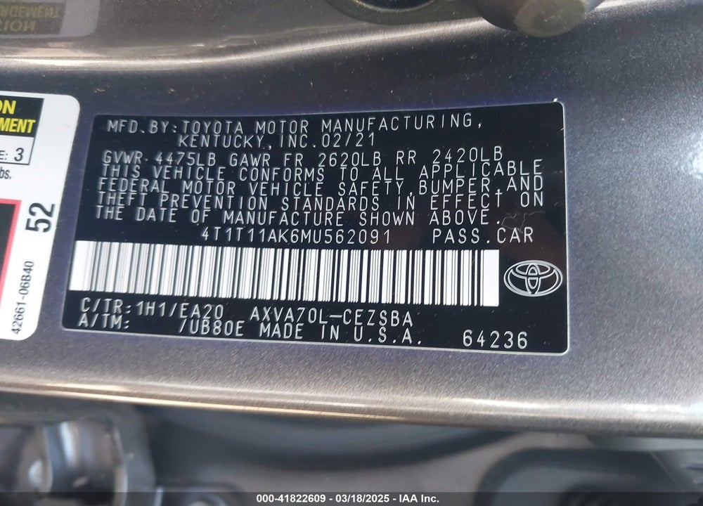 2021 TOYOTA CAMRY VIN: 4T1T11AK6MU562091