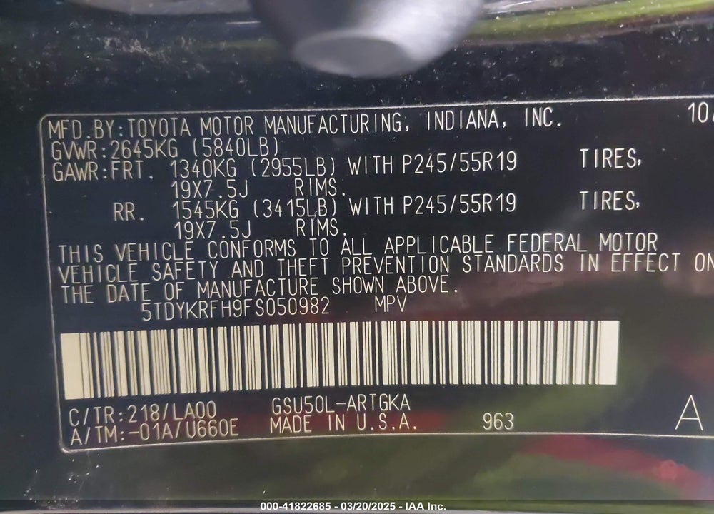2015 TOYOTA HIGHLANDER VIN: 5TDYKRFH9FS050982
