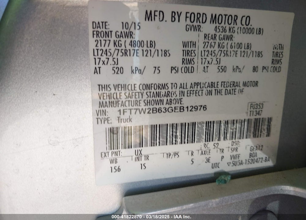 2016 FORD F-250 XL VIN: 1FT7W2B63GEB12976