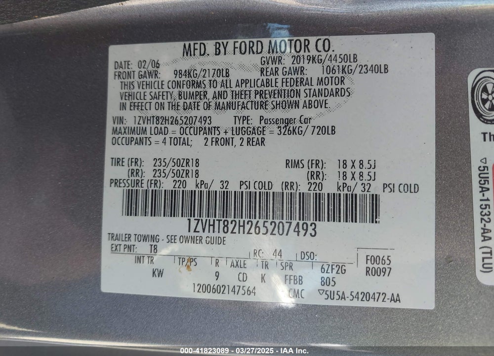 2006 FORD MUSTANG VIN: 1ZVHT82H265207493