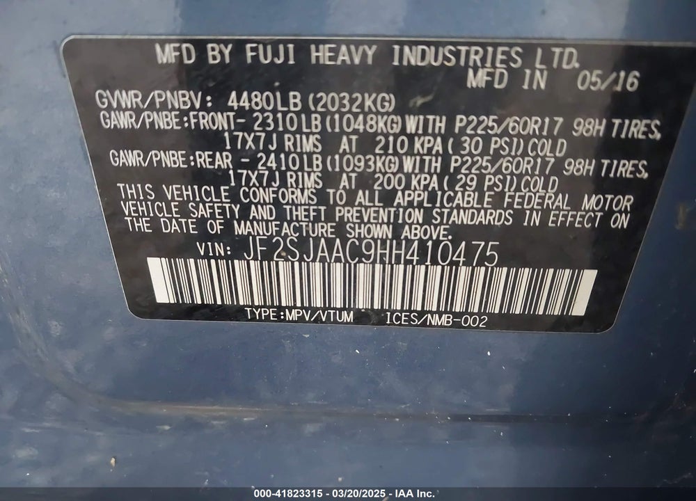 2017 SUBARU FORESTER VIN: JF2SJAAC9HH410475