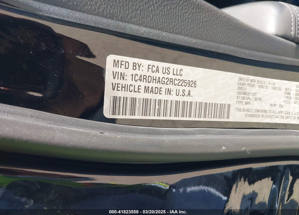 2024 DODGE DURANGO VIN: 1C4RDHAG2RC225926