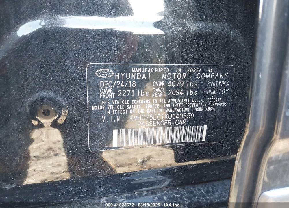 2019 HYUNDAI IONIQ HYBRID VIN: KMHC75LC1KU140559