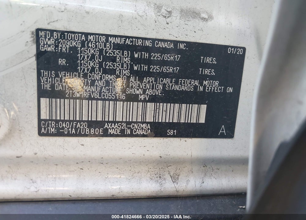 2020 TOYOTA RAV4 XLE VIN: 2T3W1RFV6LC055116