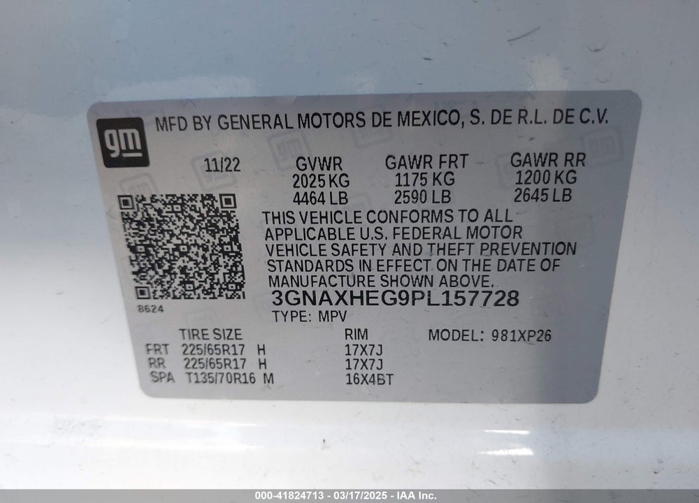 2023 CHEVROLET EQUINOX VIN: 3GNAXHEG9PL157728