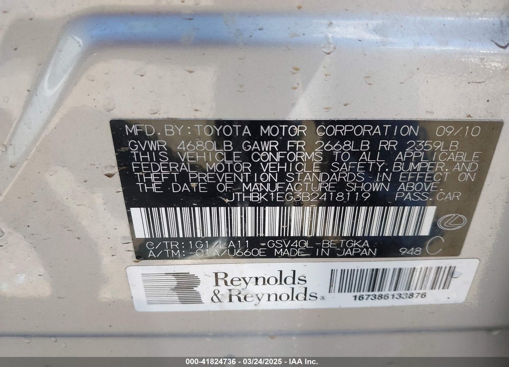 2011 LEXUS ES 350 VIN: JTHBK1EG3B2418119