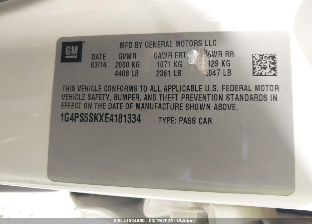 2014 BUICK VERANO LEATHER GROUP VIN: 1G4PS5SKXE4181334