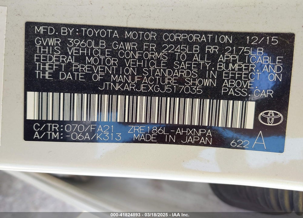 2016 SCION IM VIN: JTNKARJEXGJ517035