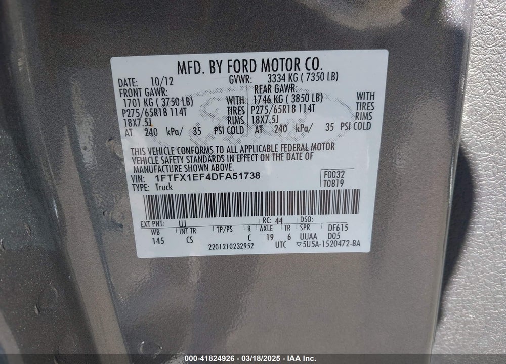 2013 FORD F-150 VIN: 1FTFX1EF4DFA51738