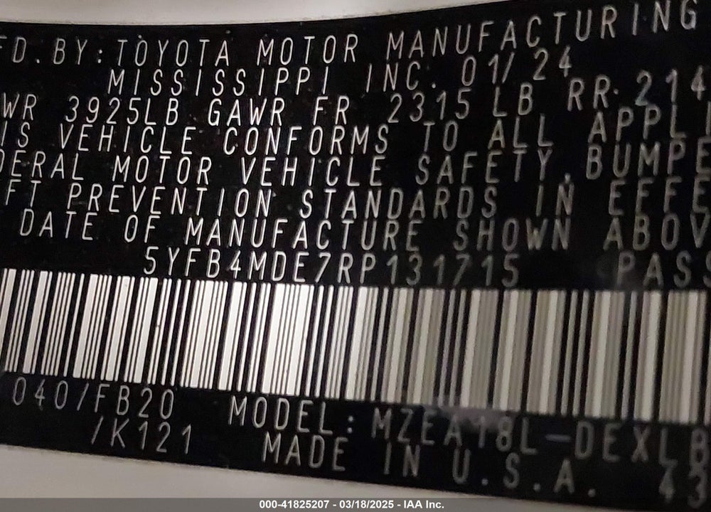 2024 TOYOTA COROLLA LE VIN: 5YFB4MDE7RP131715