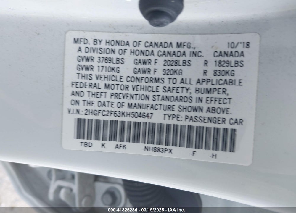 2019 HONDA CIVIC VIN: 2HGFC2F63KH504647