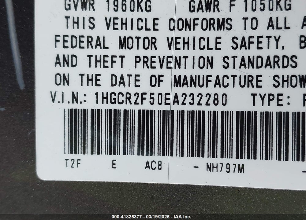2014 HONDA ACCORD VIN: 1HGCR2F50EA232280