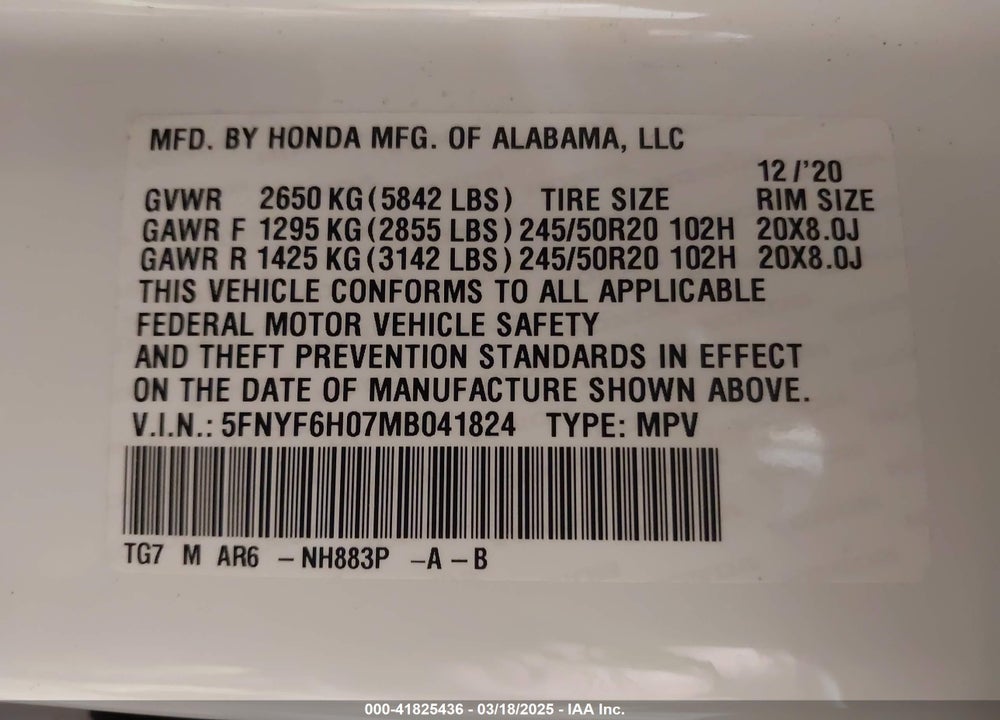2021 HONDA PILOT AWD ELITE VIN: 5FNYF6H07MB041824