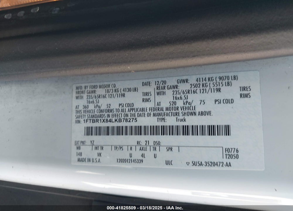 2020 FORD TRANSIT-250 VIN: 1FTBR1X84LKB78275