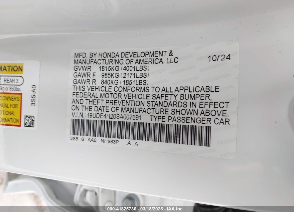 2025 ACURA INTEGRA VIN: 19UDE4H20SA007691