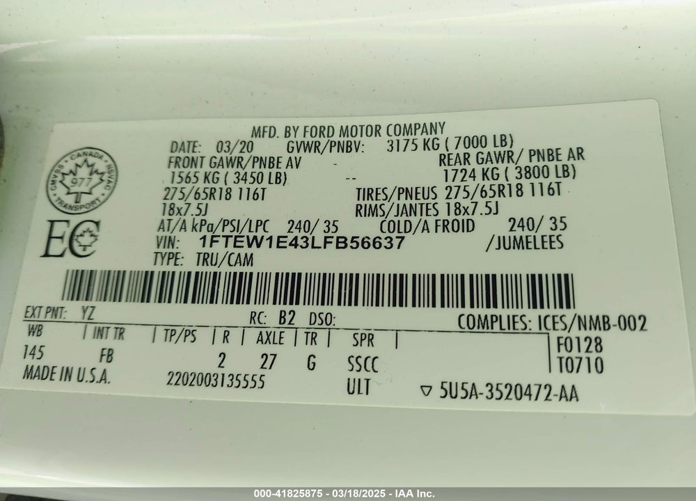 2020 FORD F-150 XLT VIN: 1FTEW1E43LFB56637