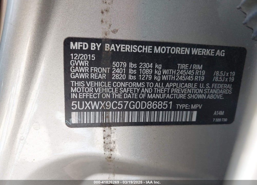 2016 BMW X3 VIN: 5UXWX9C57G0D86851