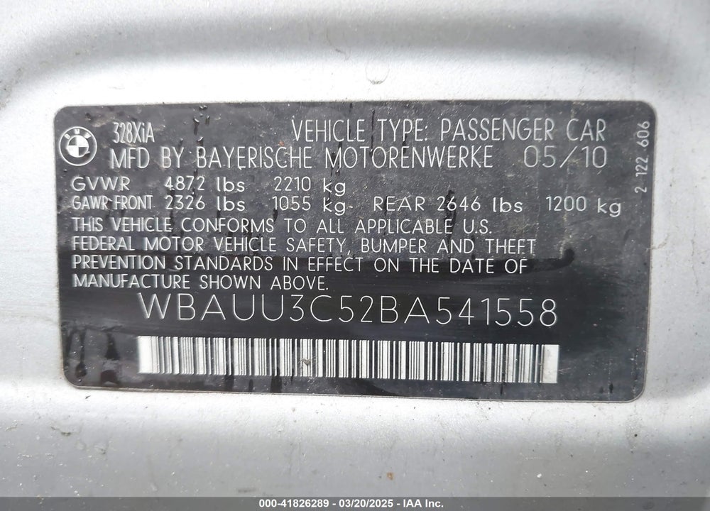 2011 BMW 3 SERIES VIN: WBAUU3C52BA541558