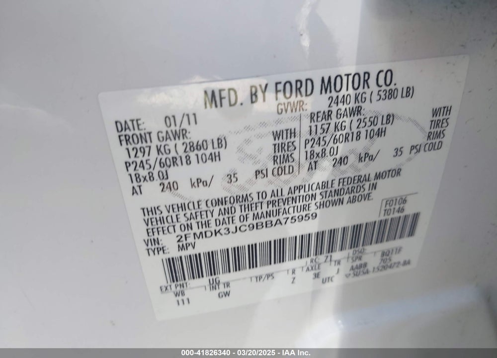 2011 FORD EDGE SEL VIN: 2FMDK3JC9BBA75959