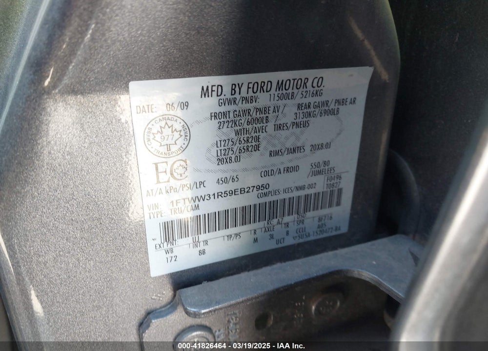 2009 FORD F 350 VIN: 1FTWW31R59EB27950