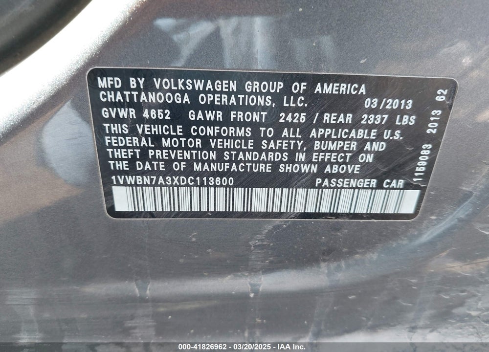 2013 VOLKSWAGEN PASSAT VIN: 1VWBN7A3XDC113600