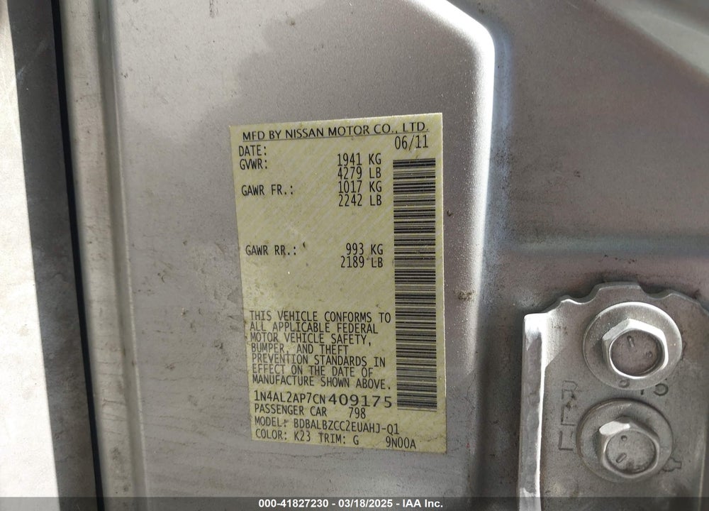 2012 NISSAN ALTIMA VIN: 1N4AL2AP7CN409175