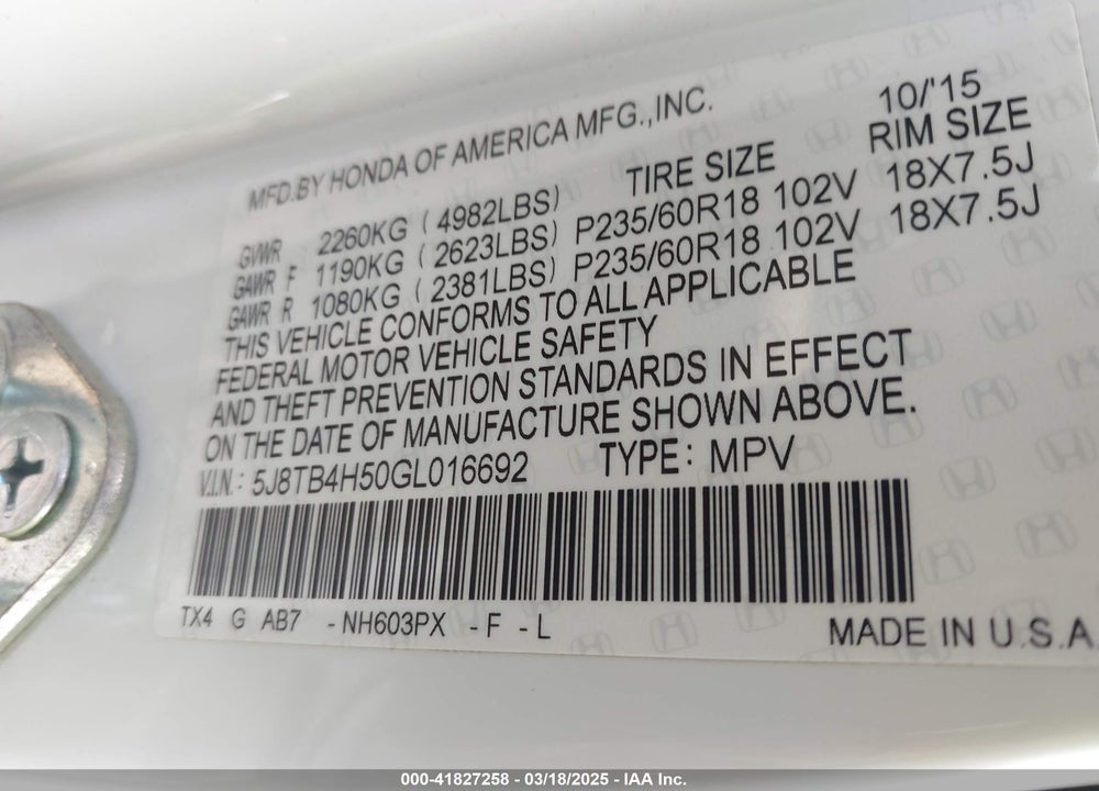 2016 ACURA RDX VIN: 5J8TB4H50GL016692
