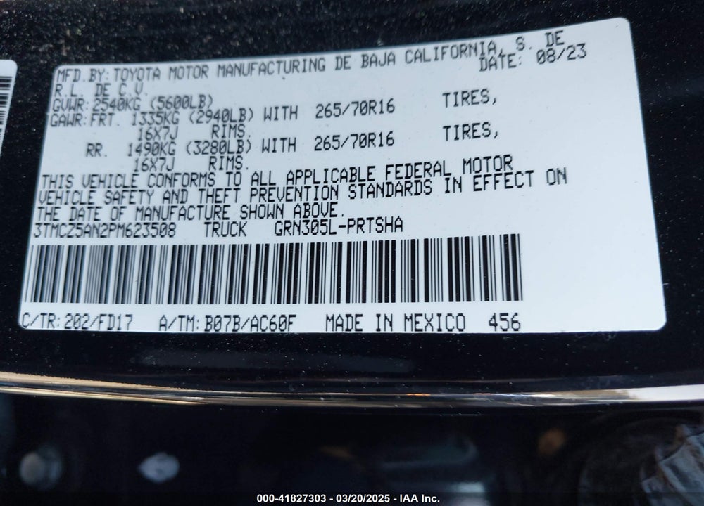 2023 TOYOTA TACOMA VIN: 3TMCZ5AN2PM623508