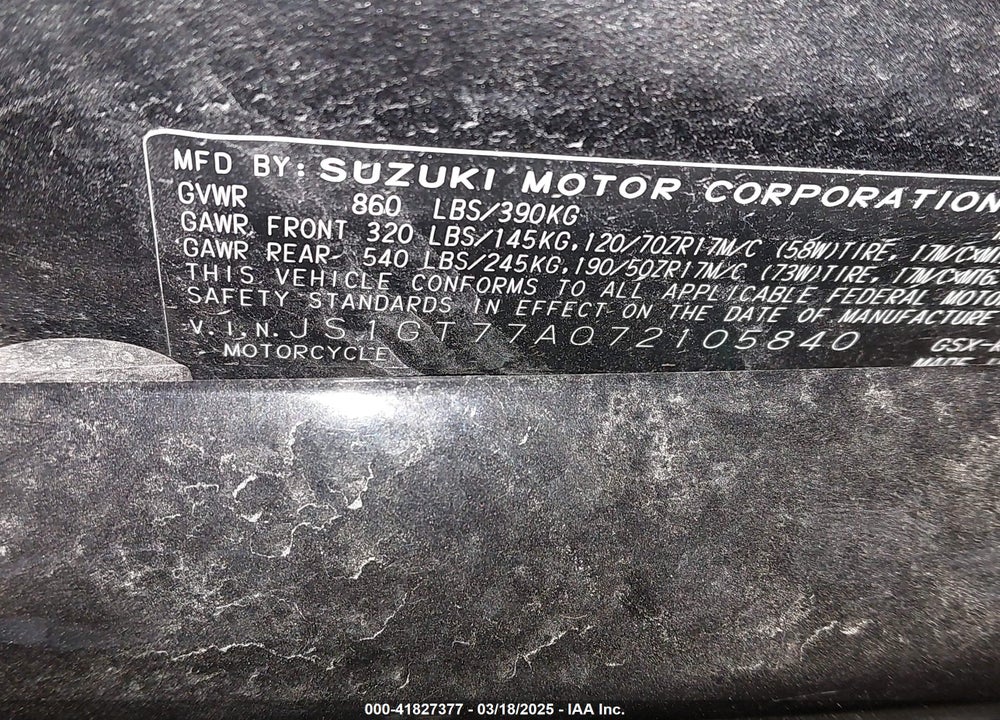 2007 SUZUKI GSX-R1000 VIN: JS1GT77A072105840