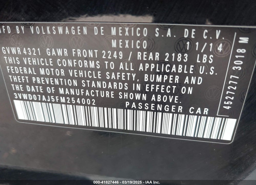 2015 VOLKSWAGEN JETTA VIN: 3VWD07AJ5FM254002