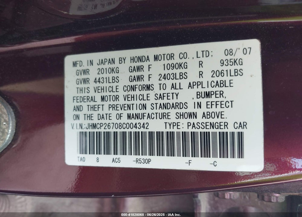 2008 HONDA ACCORD 2.4 EX VIN: JHMCP26708C004342