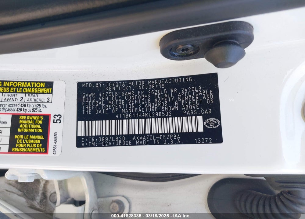 2019 TOYOTA CAMRY XSE VIN: 4T1B61HK4KU298532