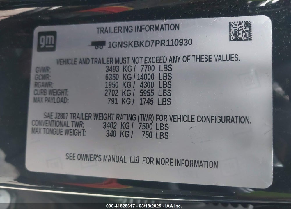 2023 CHEVROLET SUBURBAN VIN: 1GNSKBKD7PR110930