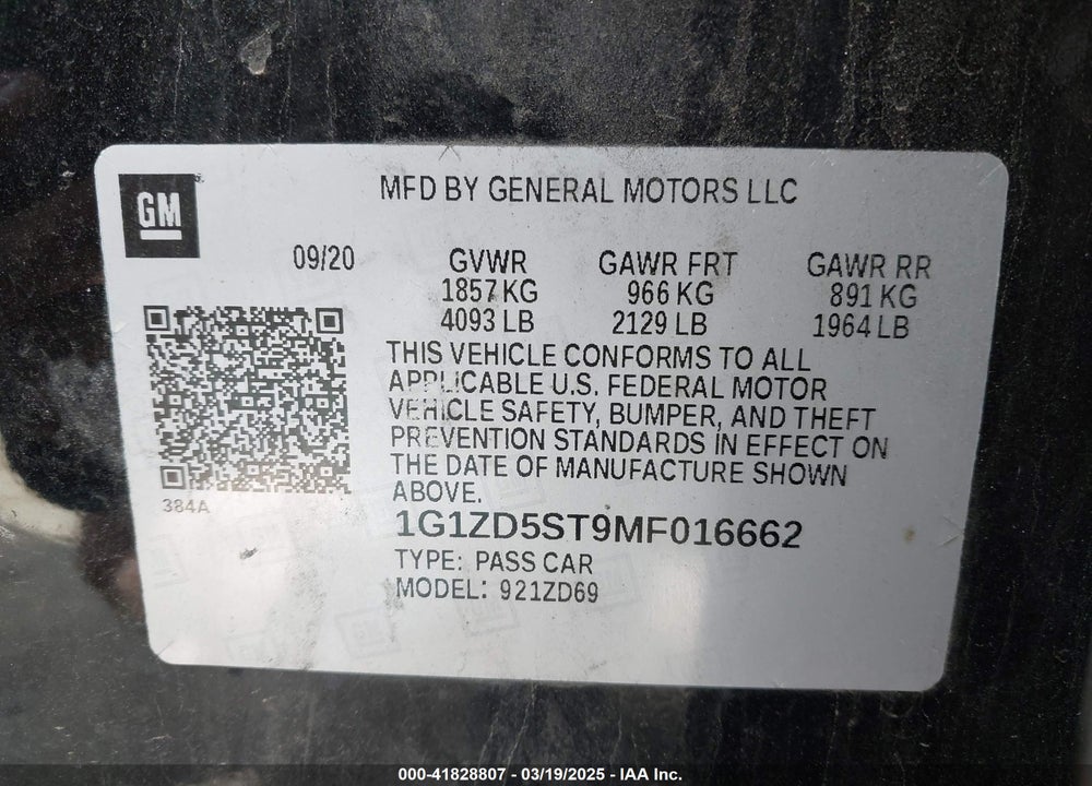 2021 CHEVROLET MALIBU FWD LT VIN: 1G1ZD5ST9MF016662
