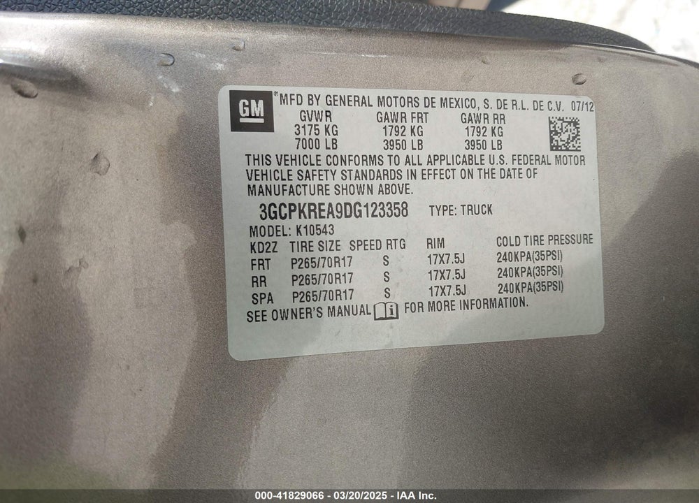 2013 CHEVROLET SILVERADO 1500 VIN: 3GCPKREA9DG123358