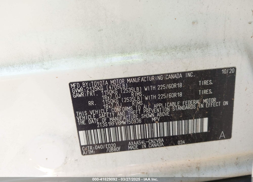 2021 TOYOTA RAV4 VIN: 2T3S1RFV6MW150936