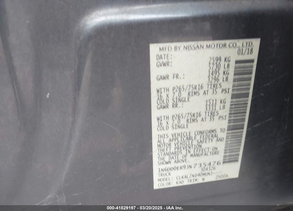 2018 NISSAN FRONTIER VIN: 1N6DD0ER9JN735476