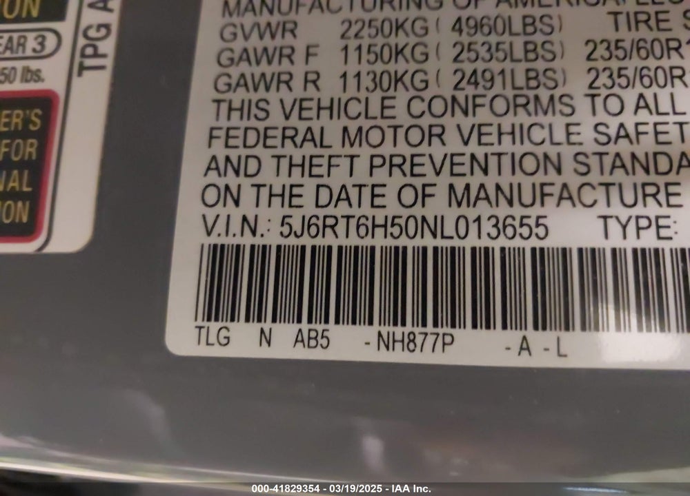 2022 HONDA CR-V HYBRID EX VIN: 5J6RT6H50NL013655